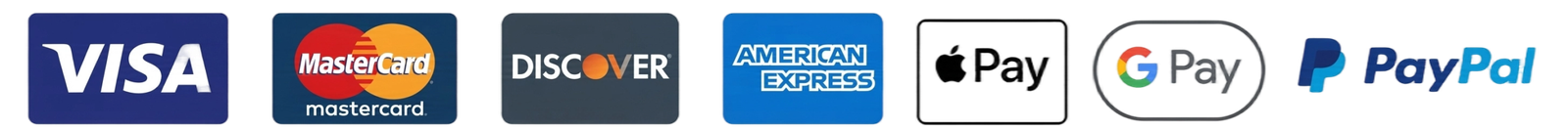 Trusted Payment Methods: Visa, Mastercard, Discover, American Express, Apple Pay, Google Pay, PayPal